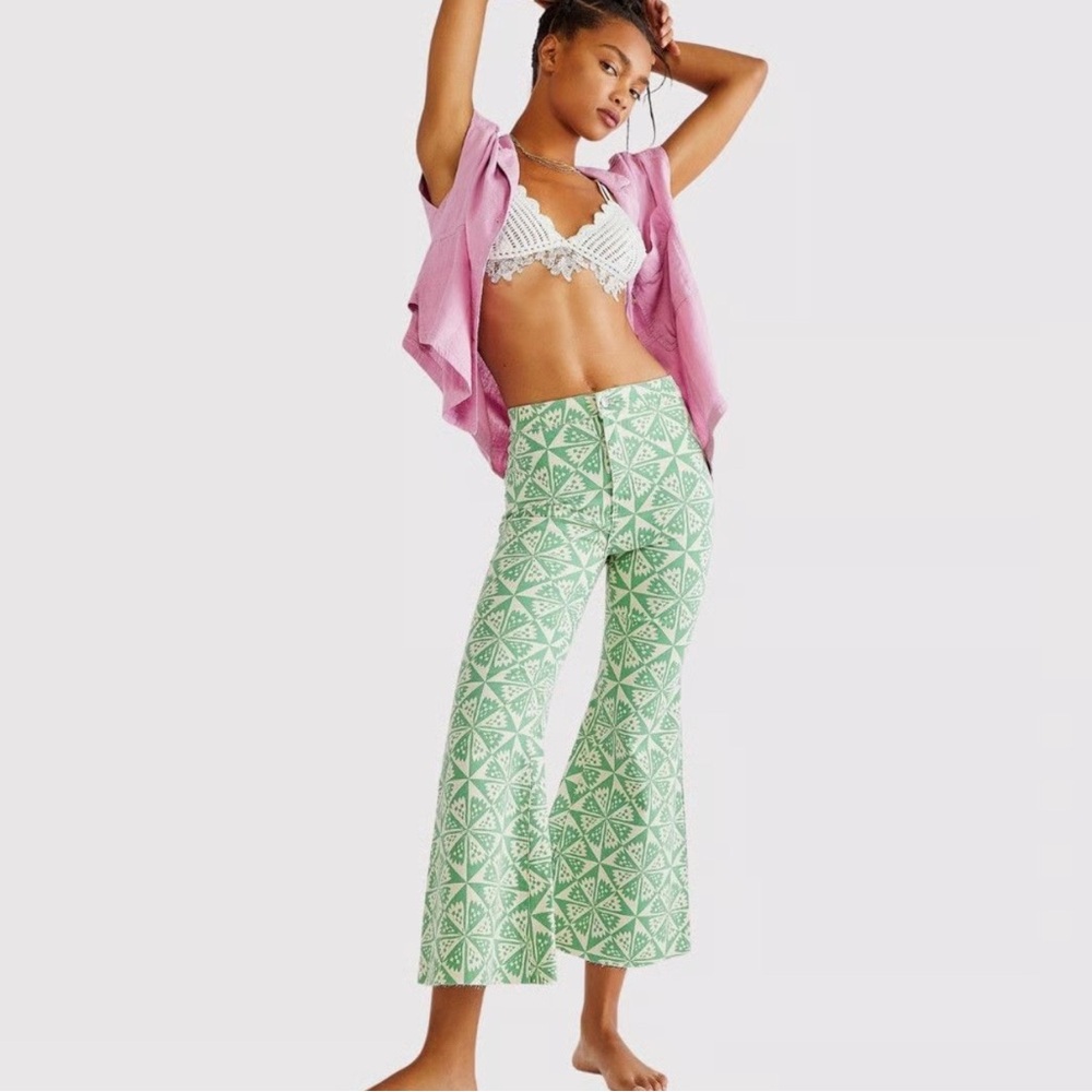 Free People Green Youthquake Printed Crop Flare Jeans